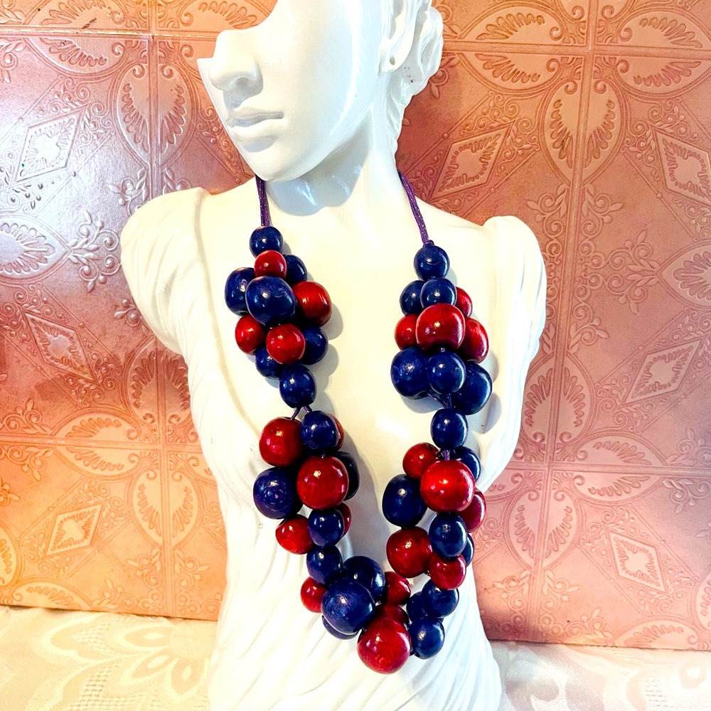 Wooden vintage Red and purple Necklace statement piece.